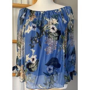 Sunny Studio Paris Floral Silk Blouse M Blue Tie Sleeve Boho Cottage Italy Made